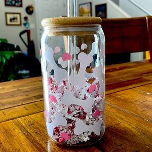 Glass tumbler with pink and light purple dog bone UVDTF wrap